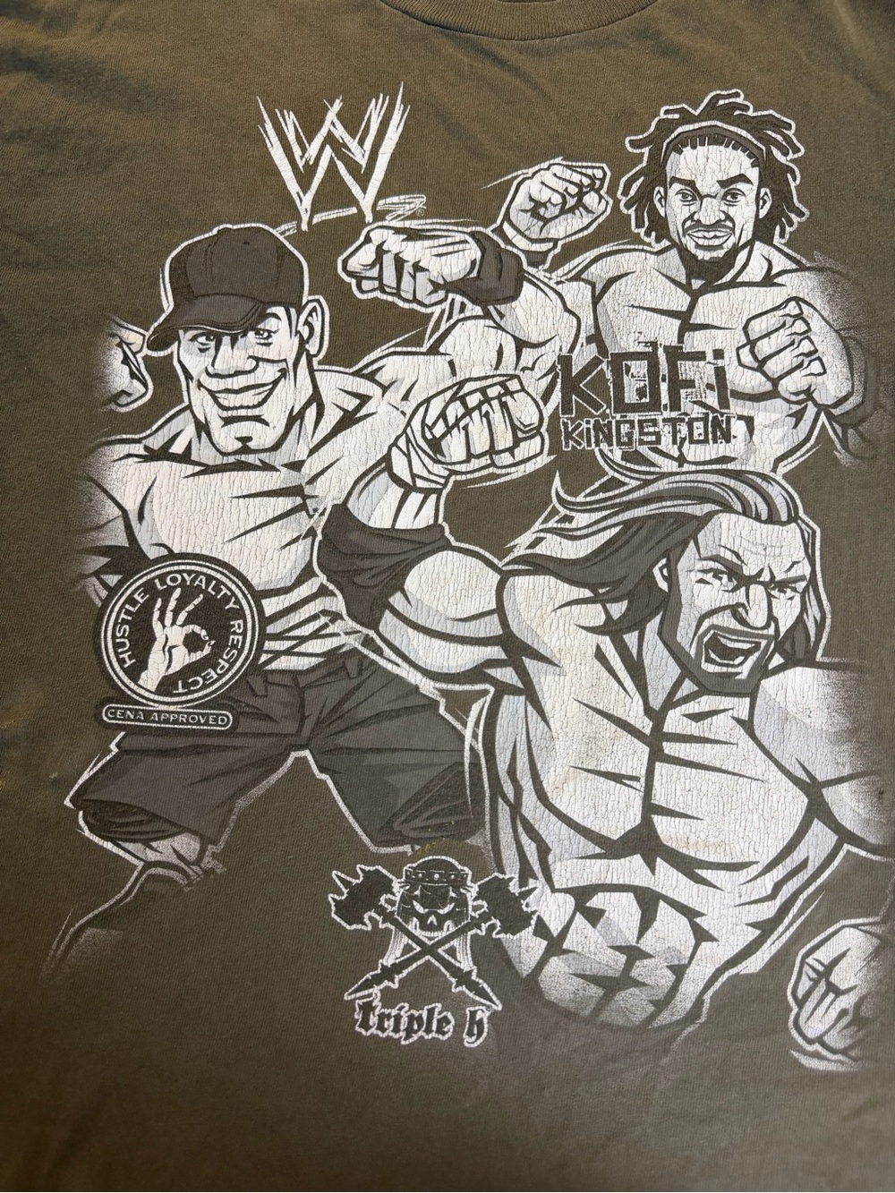 Vintage WWE Wrestling Shirt John Cena Kofi Kingston Triple H Olive Green
